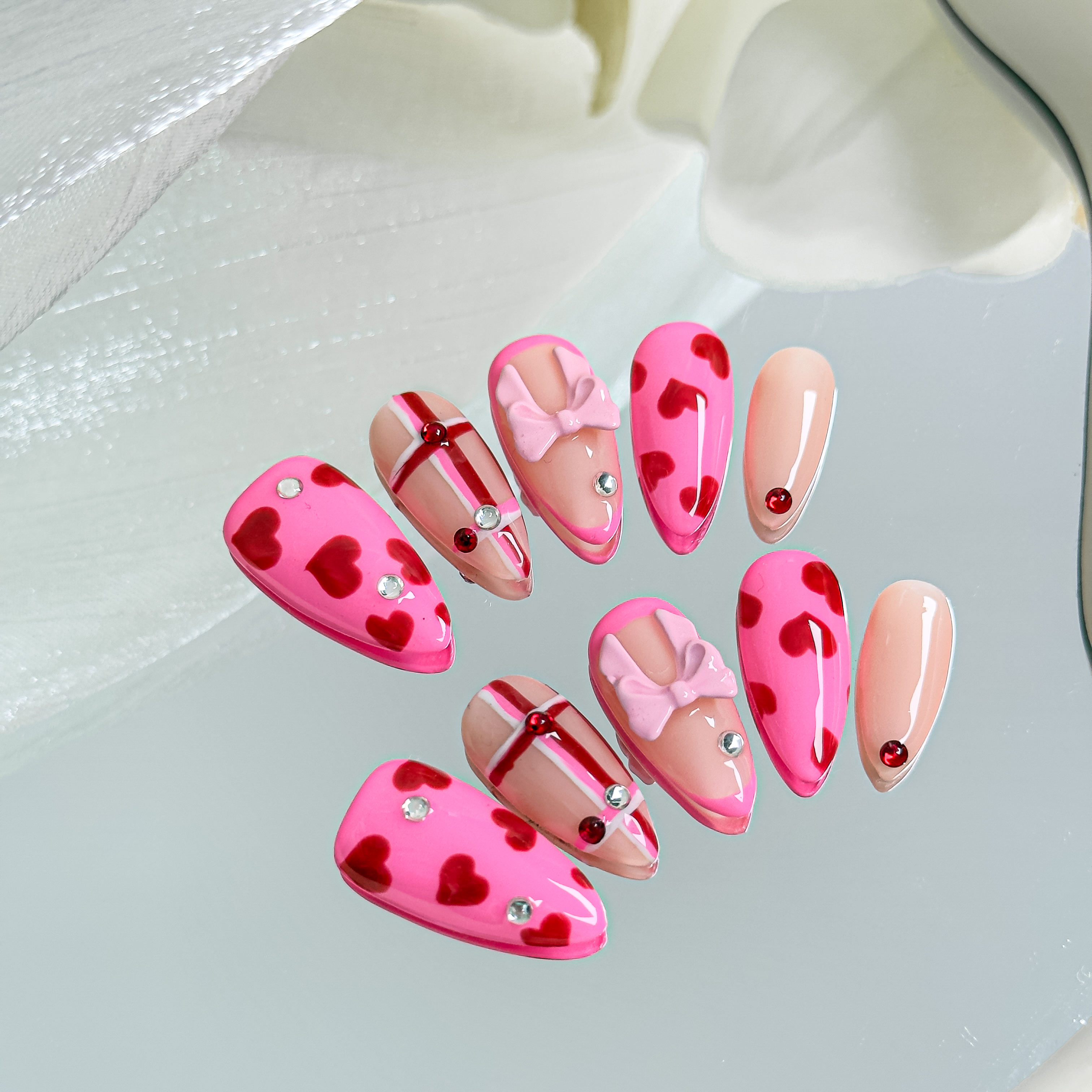 Handmade Press-On Nails – Nailfairy Sweet Pink with Heart & Bow Design – Custom-Made, Reusable with Free Application Kit Included