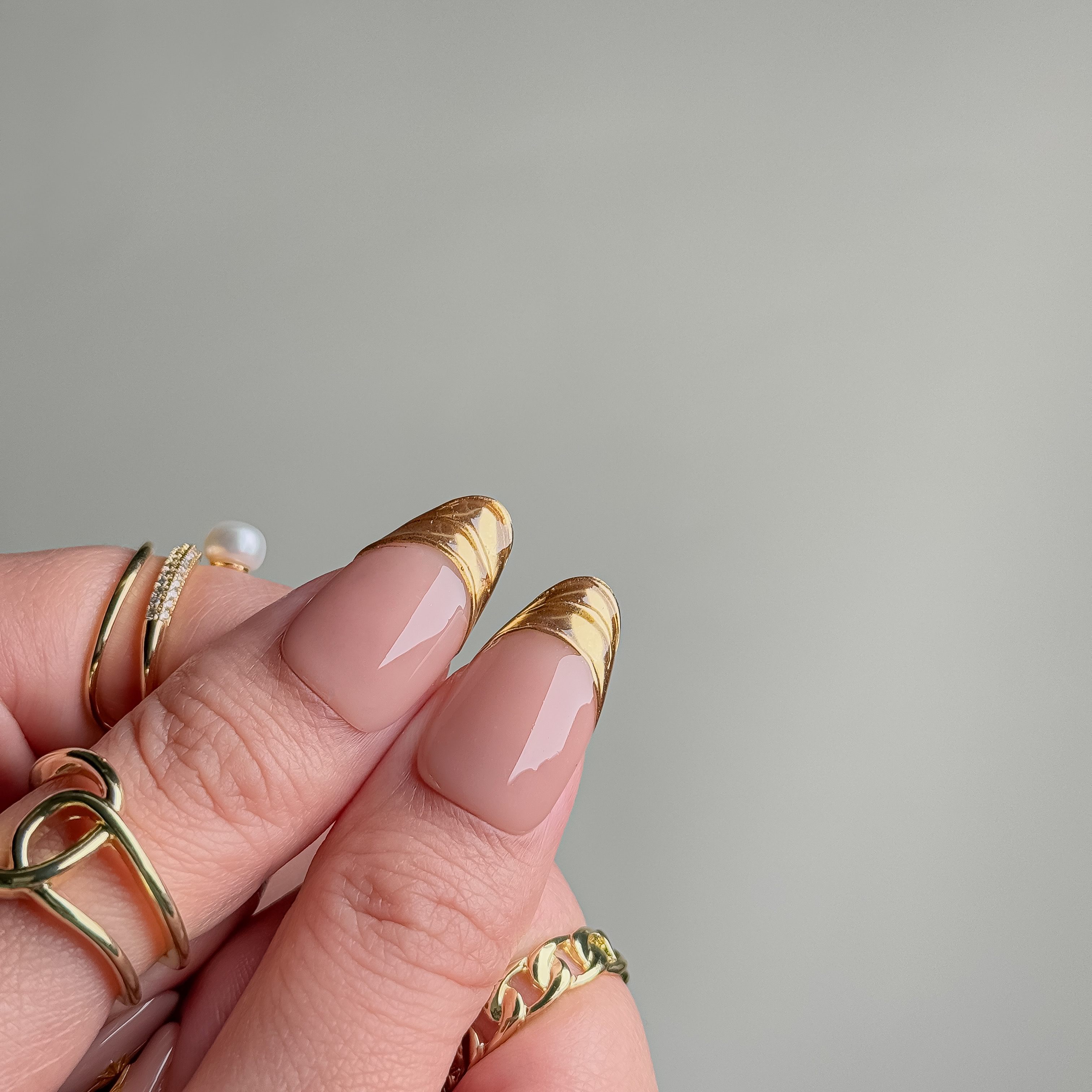 Handmade Press-On Nails – Nailfairy Elegant Nude with Gold French Tips – Custom-Made, Reusable with Free Application Kit Included