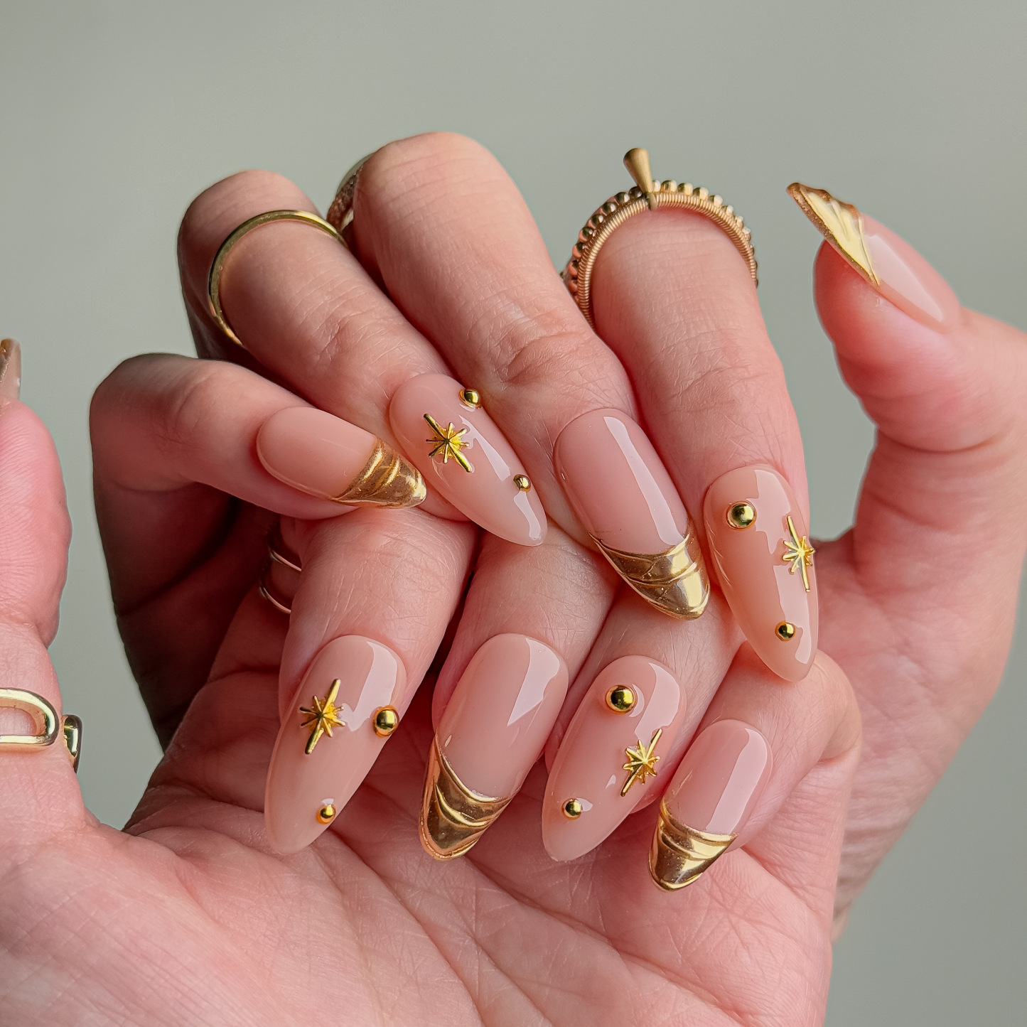 Handmade Press-On Nails – Nailfairy Elegant Nude with Gold French Tips – Custom-Made, Reusable with Free Application Kit Included