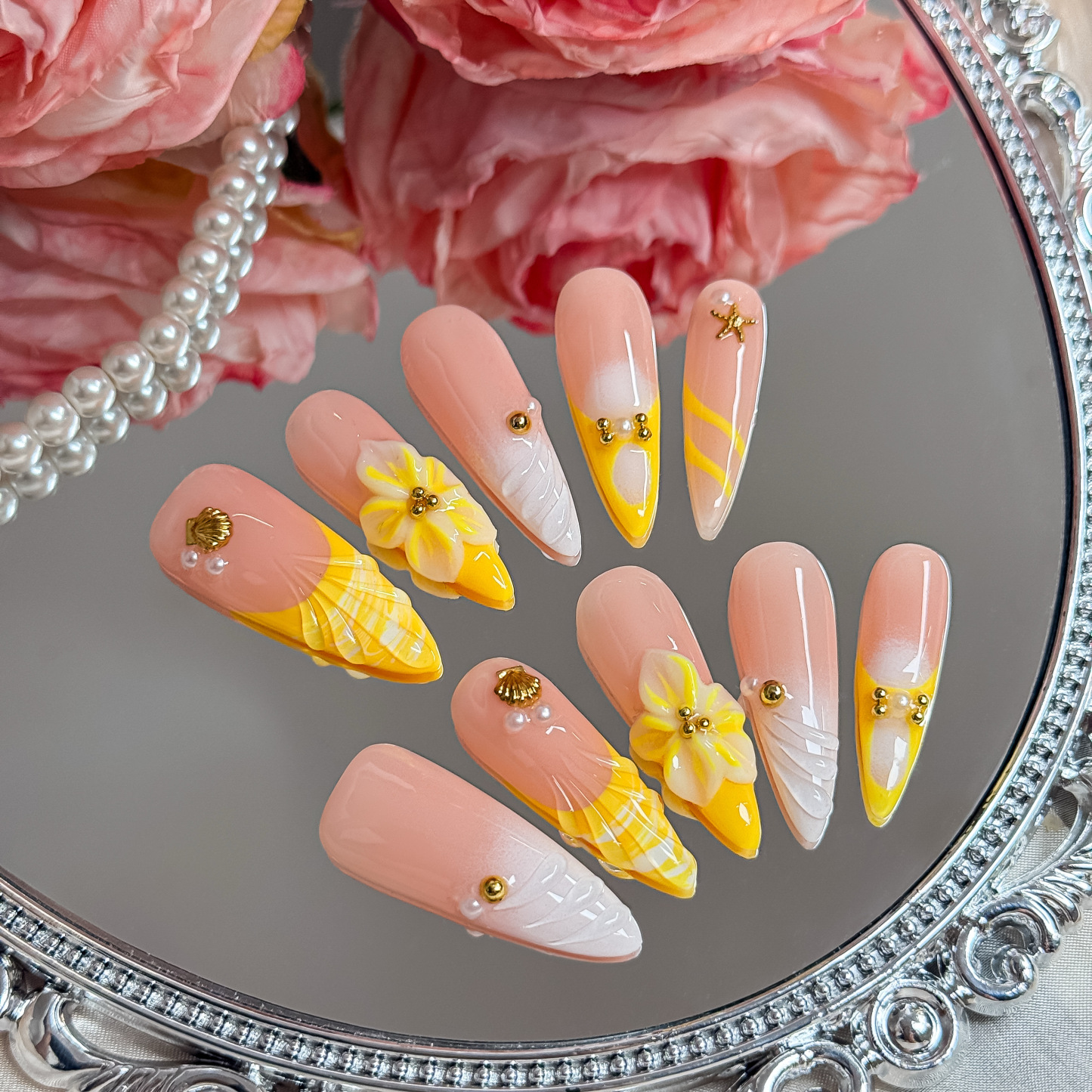 Sunny Yellow Floral Summer Press-On Nails | Long Stiletto Shape