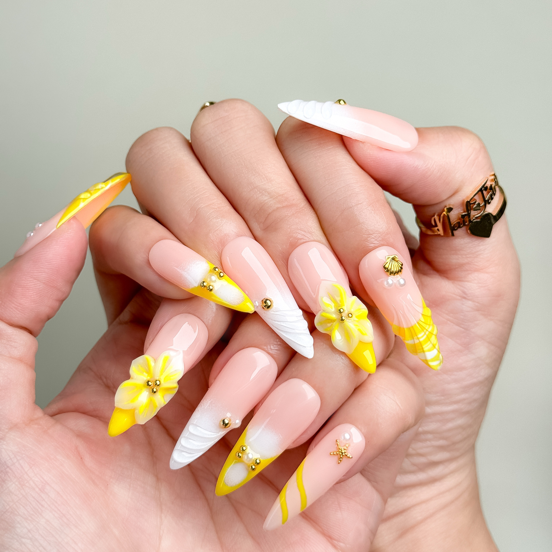 Sunny Yellow Floral Summer Press-On Nails | Long Stiletto Shape