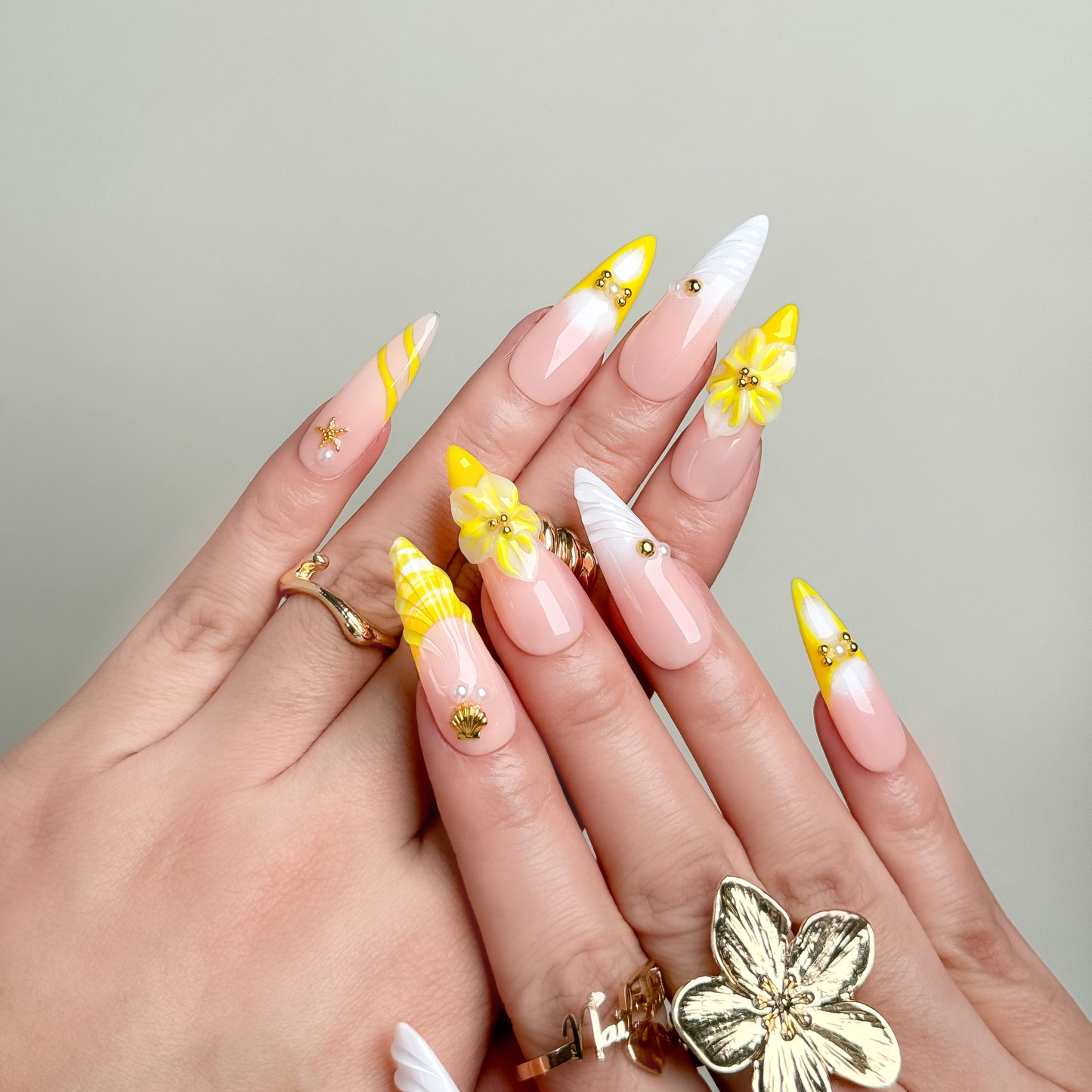 Sunny Yellow Floral Summer Press-On Nails | Long Stiletto Shape