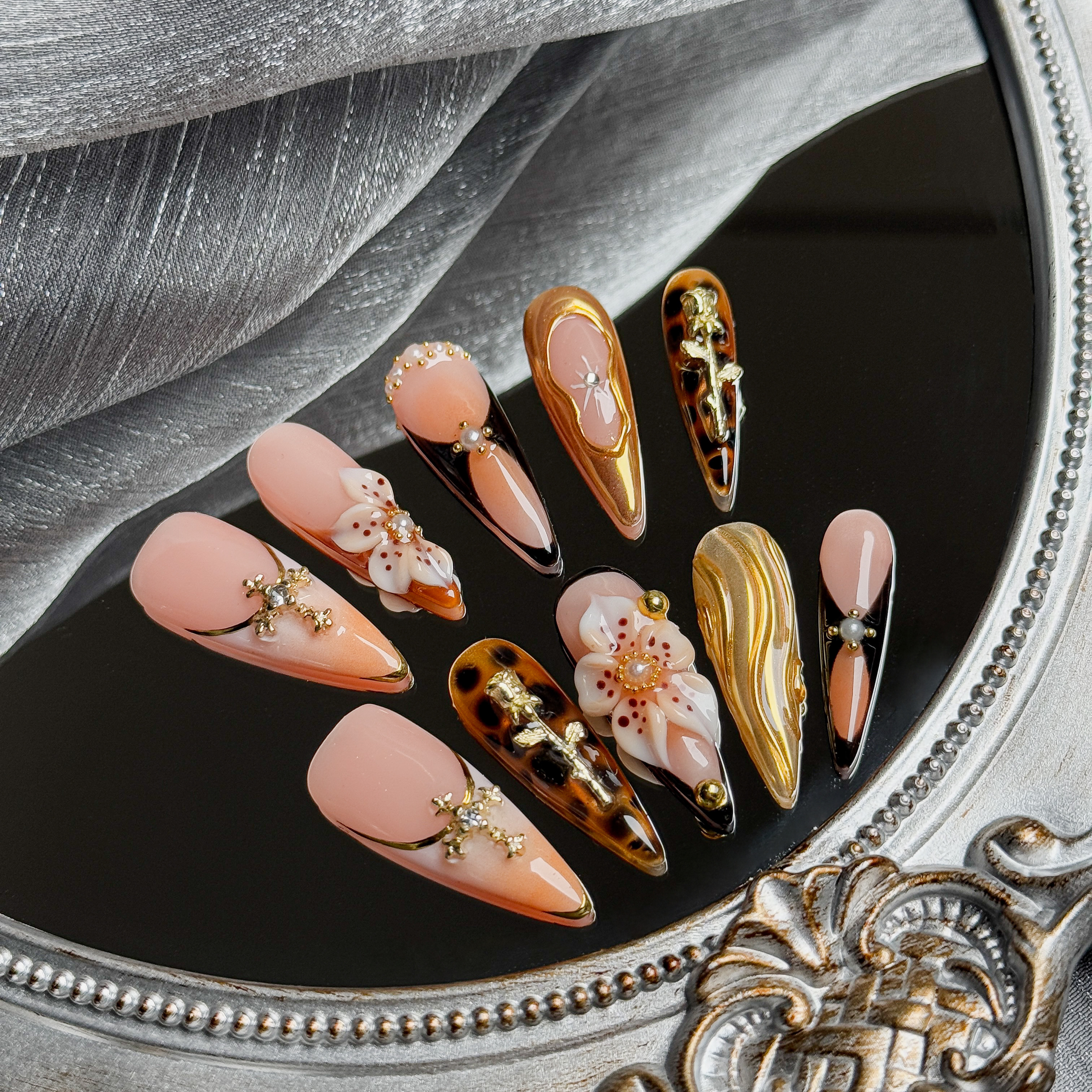 Handmade Press-On Nails – Nailfairy Luxury Elegant Gold & Floral Motifs with Leopard Accents – Custom-Made, Reusable with Free Application Kit Included