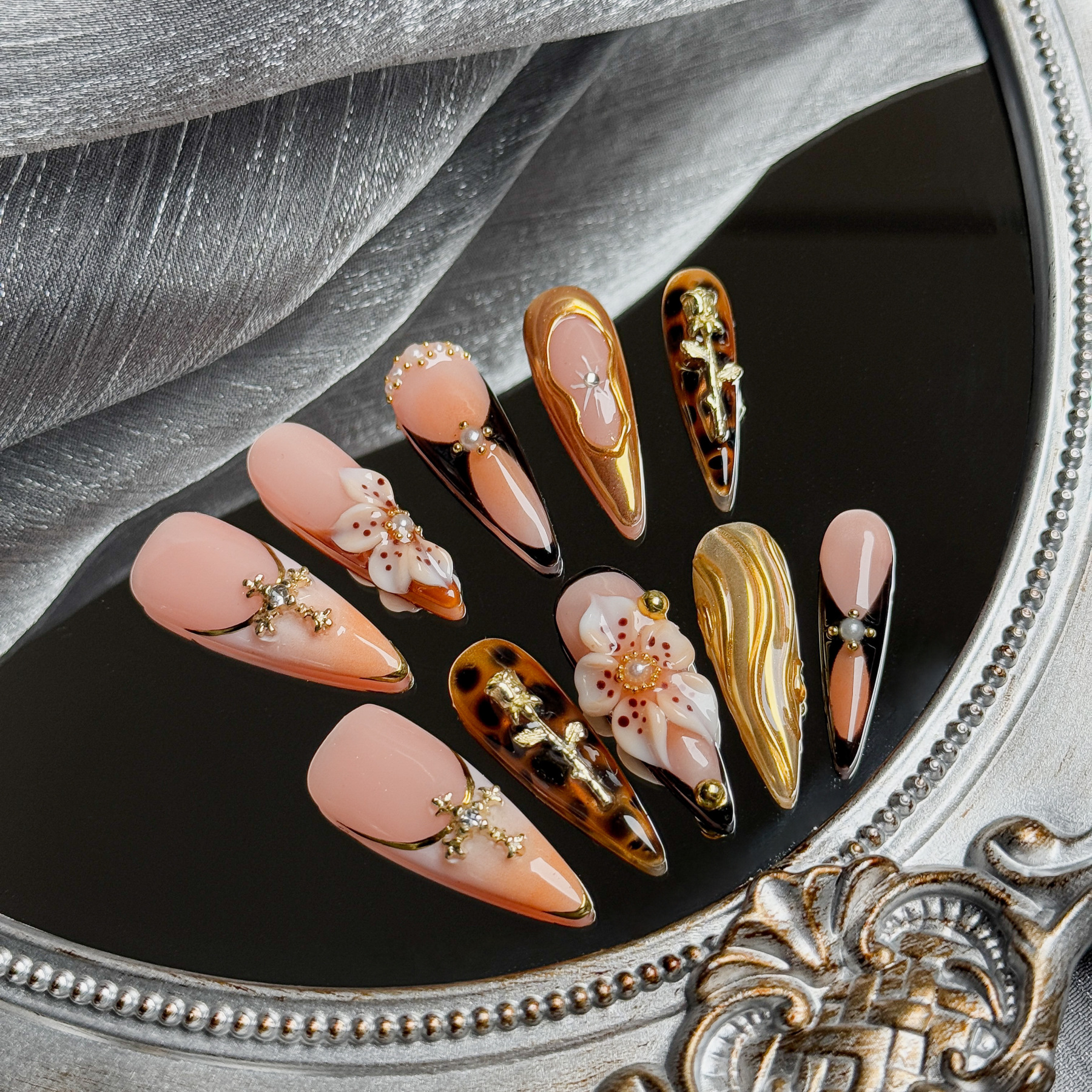Handmade Press-On Nails – Nailfairy Luxury Elegant Gold & Floral Motifs with Leopard Accents – Custom-Made, Reusable with Free Application Kit Included