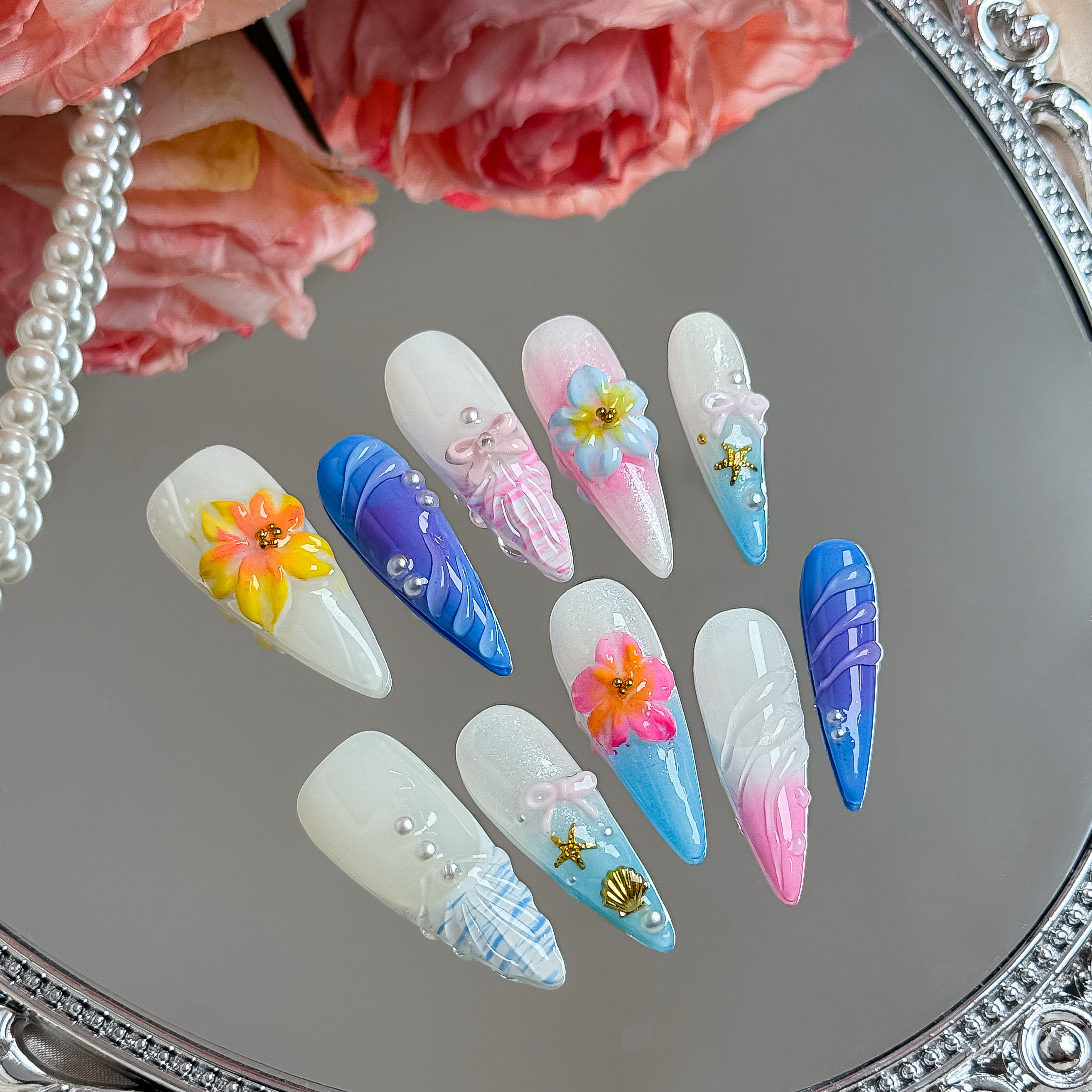 3D Shell & Iridescent Flower Press-On Nails – Long Stiletto