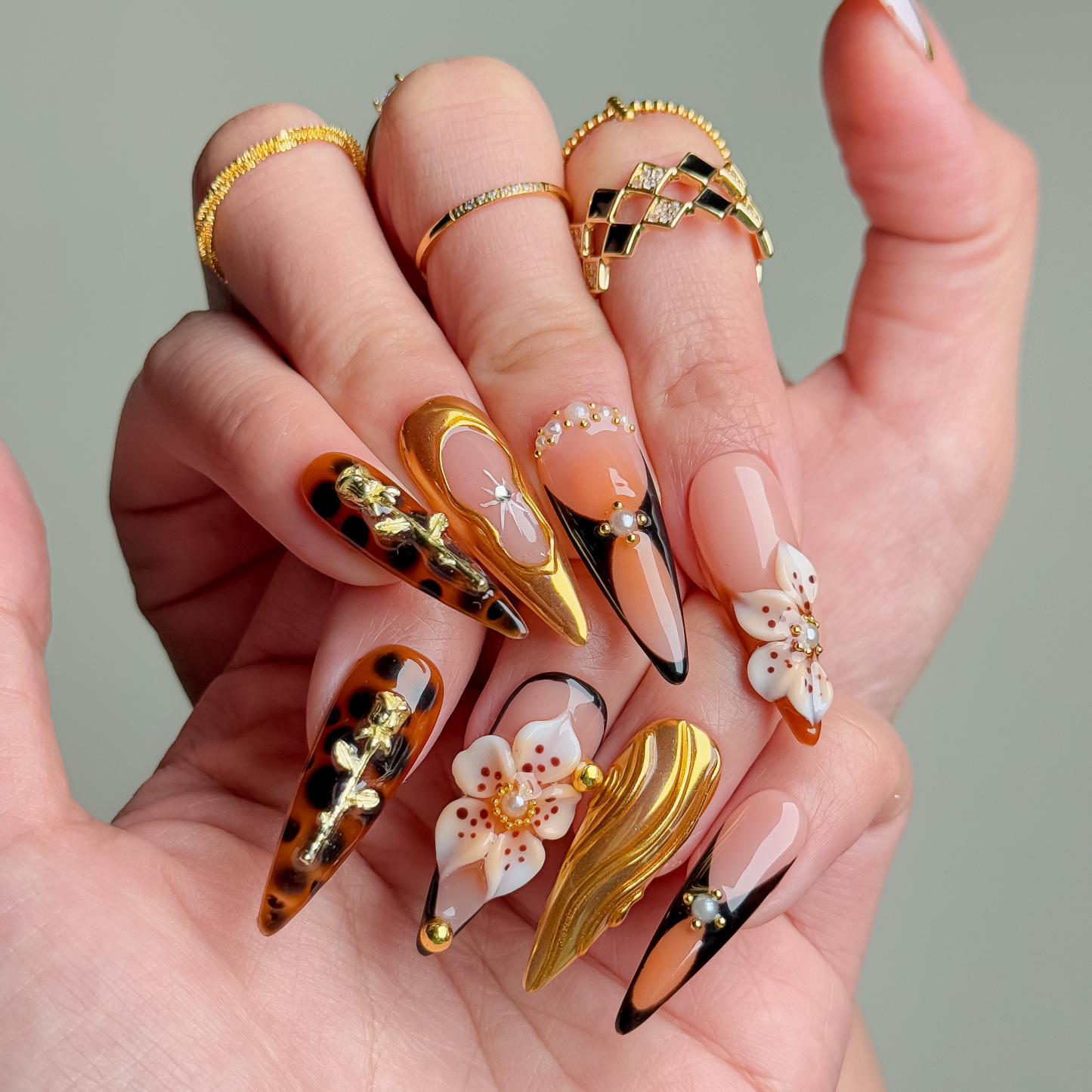 Handmade Press-On Nails – Nailfairy Luxury Elegant Gold & Floral Motifs with Leopard Accents – Custom-Made, Reusable with Free Application Kit Included
