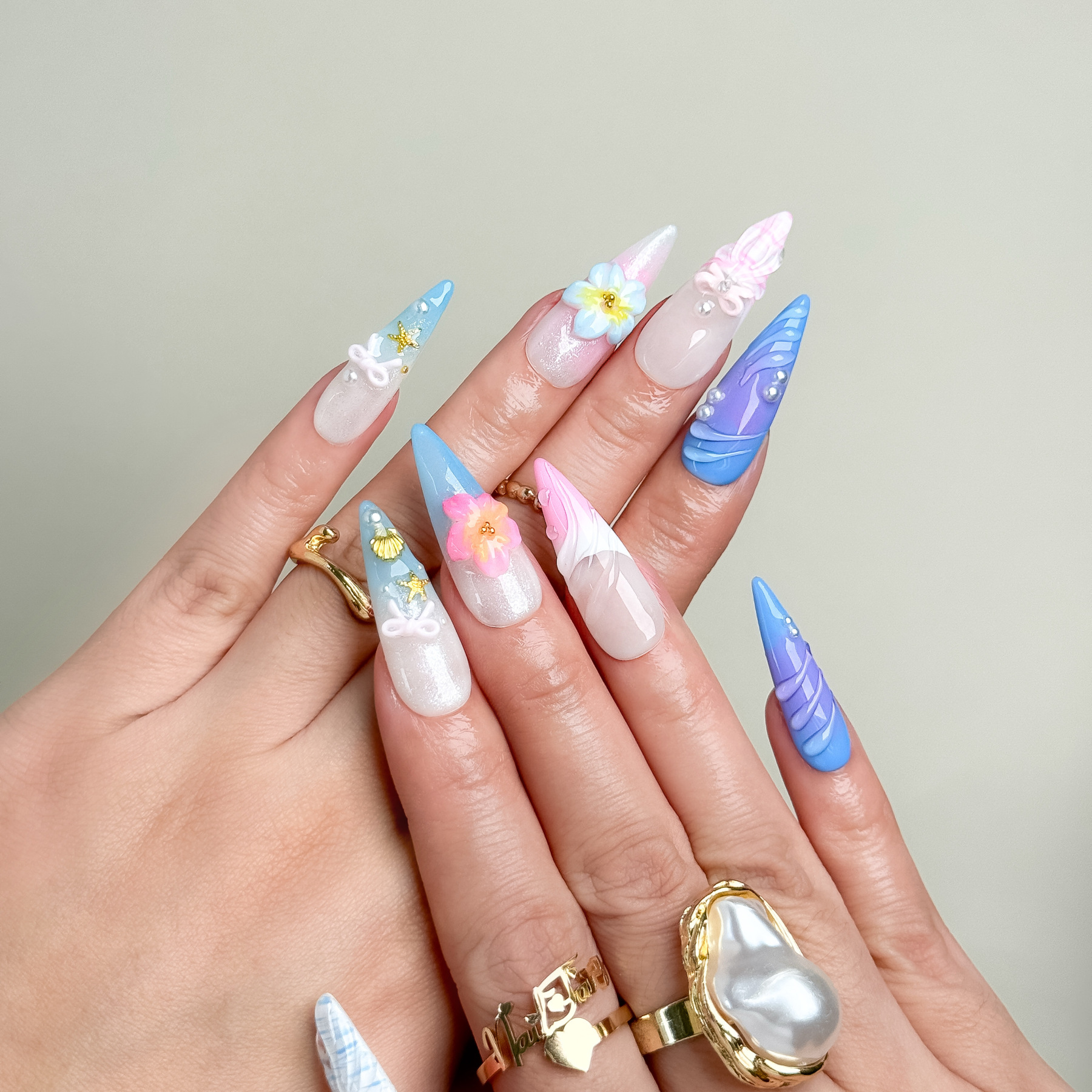 3D Shell & Iridescent Flower Press-On Nails – Long Stiletto