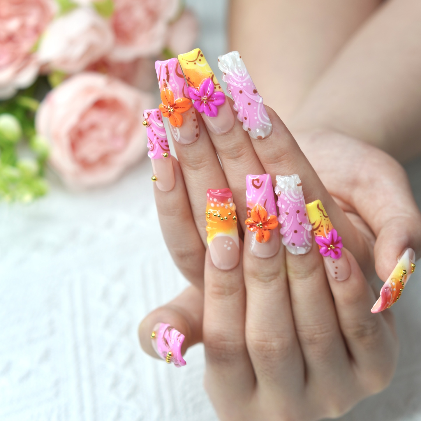 Tropical  Bloom 3D Floral Press-On Nails | Medium Square