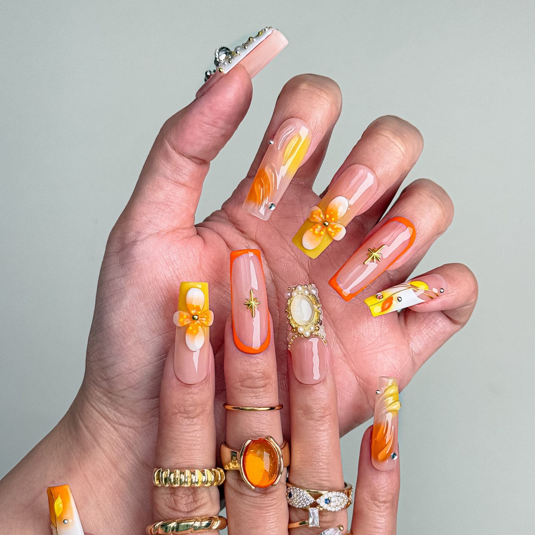 Handmade Press-On Nails – Nailfairy Square Shape Nail with Gorgeous Warm-Toned Floral & Crown Design, Reusable with Free Application Kit Included