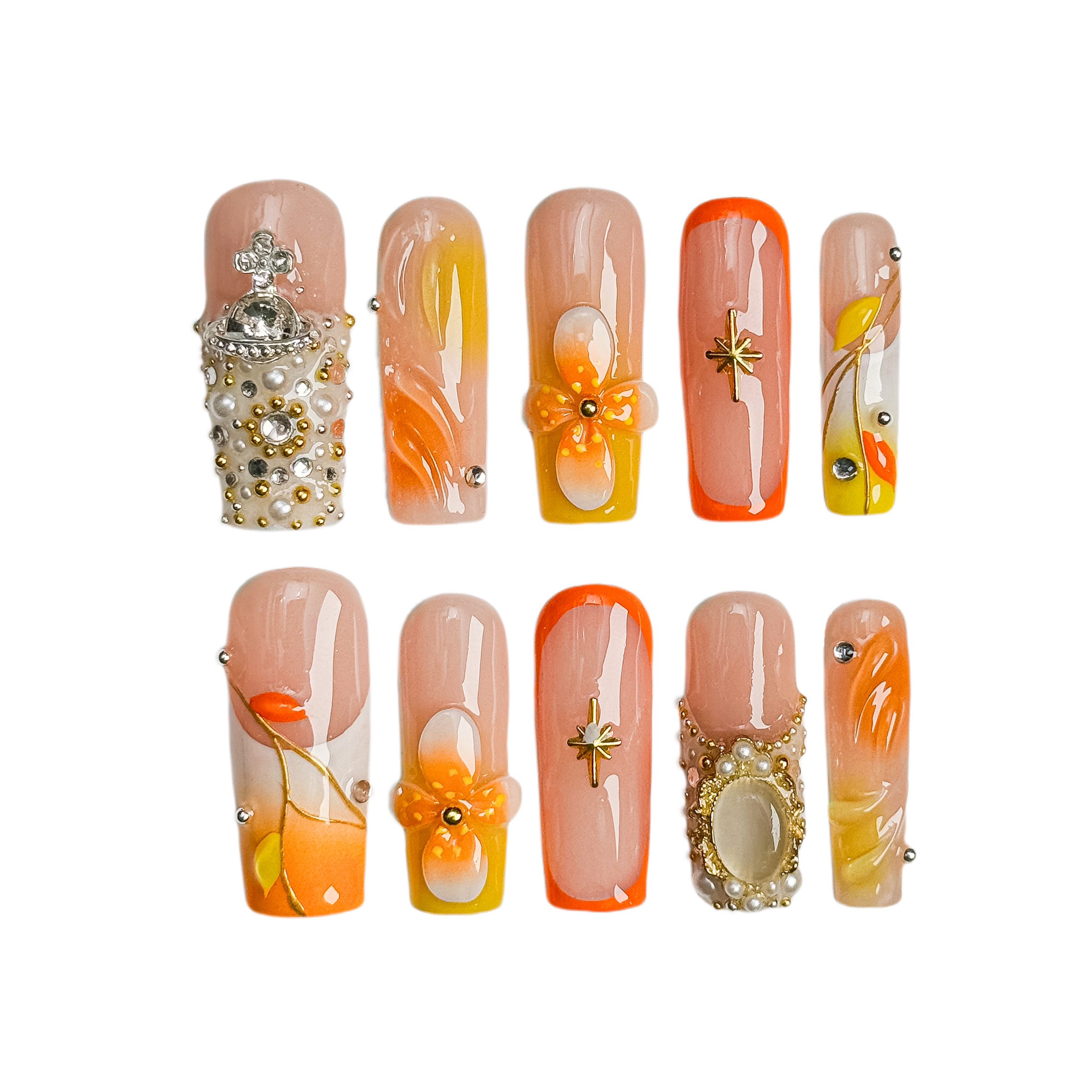 Handmade Press-On Nails – Nailfairy Square Shape Nail with Gorgeous Warm-Toned Floral & Crown Design, Reusable with Free Application Kit Included