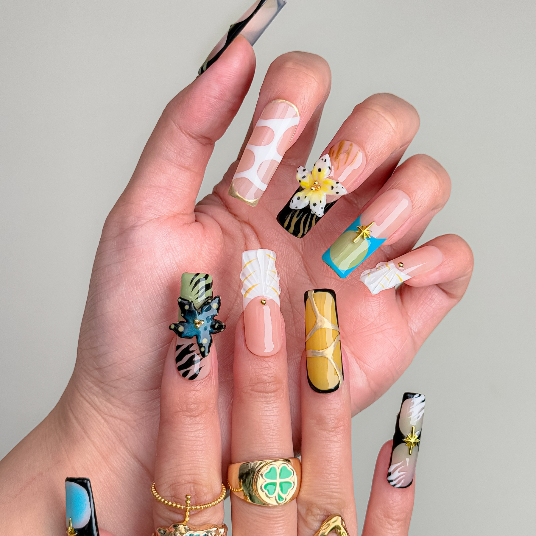 Handmade Press-On Nails – Nailfairy Adorable Starry Flower Language Design – Square Shape, Custom-Made, Reusable with Free Application Kit Included