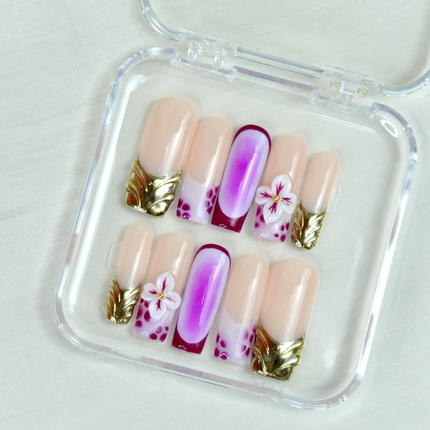 Iridescent Purple Press-On Nails with Insect & Gold Accents – Long Square