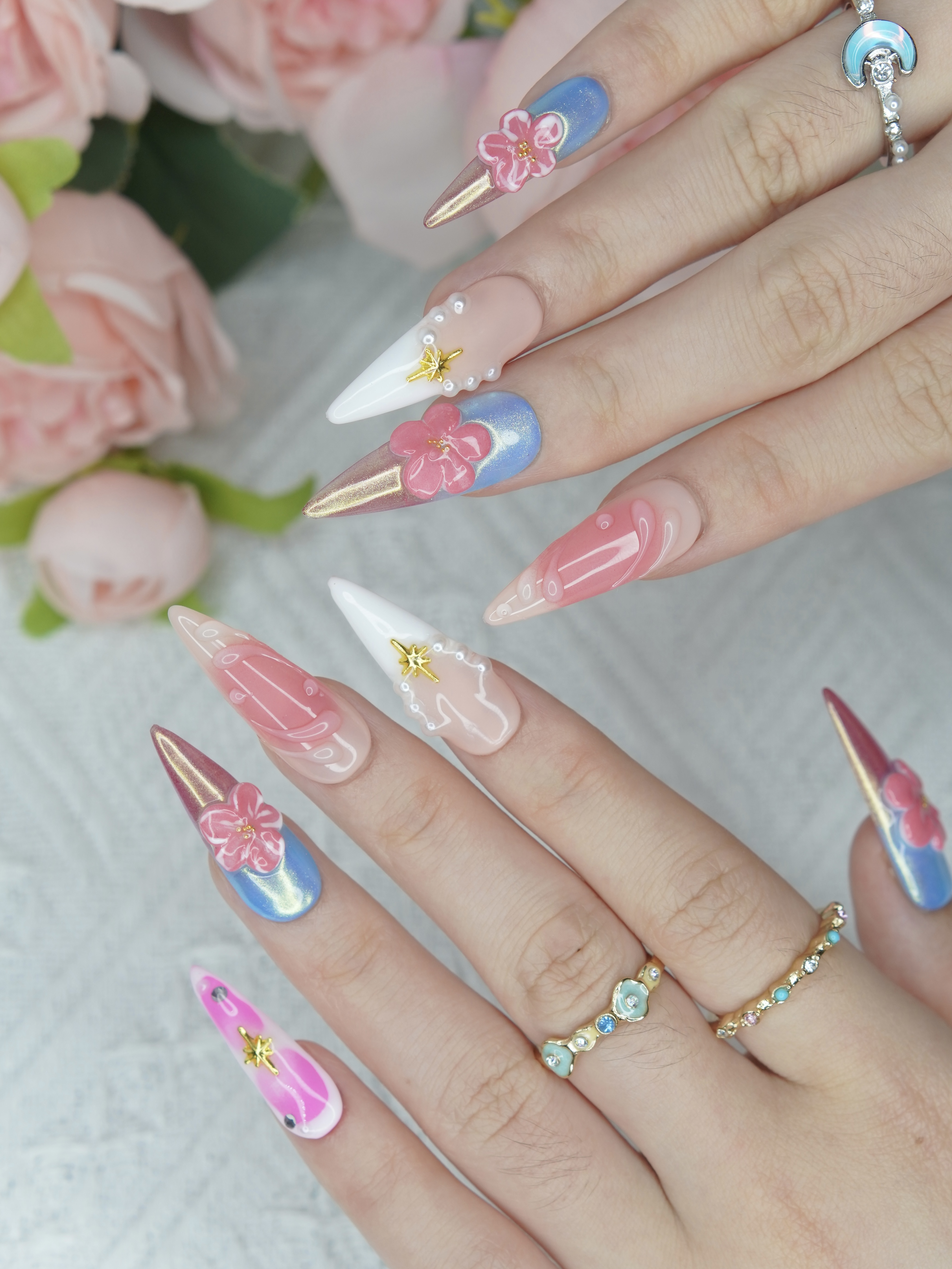 Sakura Elegance 3D Flower Press-On Nails – Long Stiletto