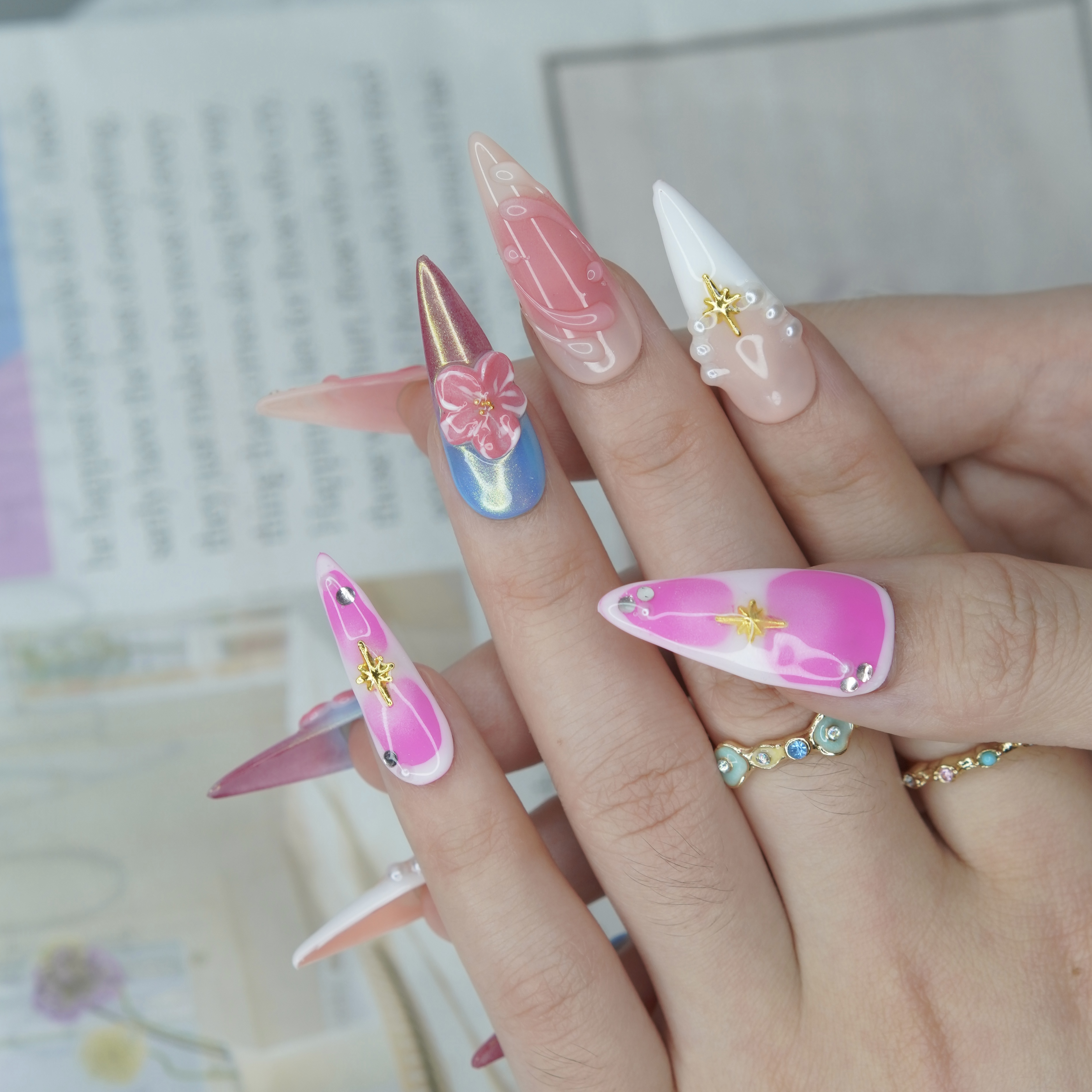 Sakura Elegance 3D Flower Press-On Nails – Long Stiletto