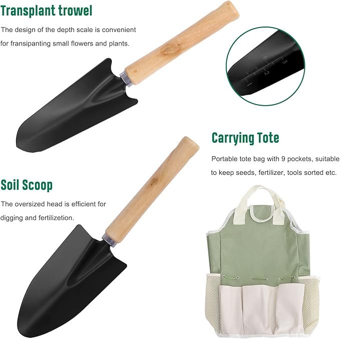 Juego de 10 herramientas de jardinería, herramientas y suministros de jardinería, kit de herramientas de jardín con guantes de bolsa, para interiores y exteriores, regalo para mujeres y hombres