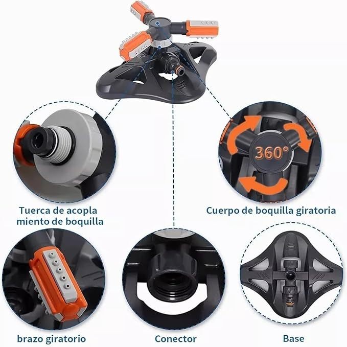 Aspersores de Riego Jardin, Aspersor de Césped,Sprinkler Automático Giratorio de 360 °, Sistema de Riego de Manguera De Jardín Para Patio/Boquillas De Pulverización De Ángulo Integradas De 36 Unidades