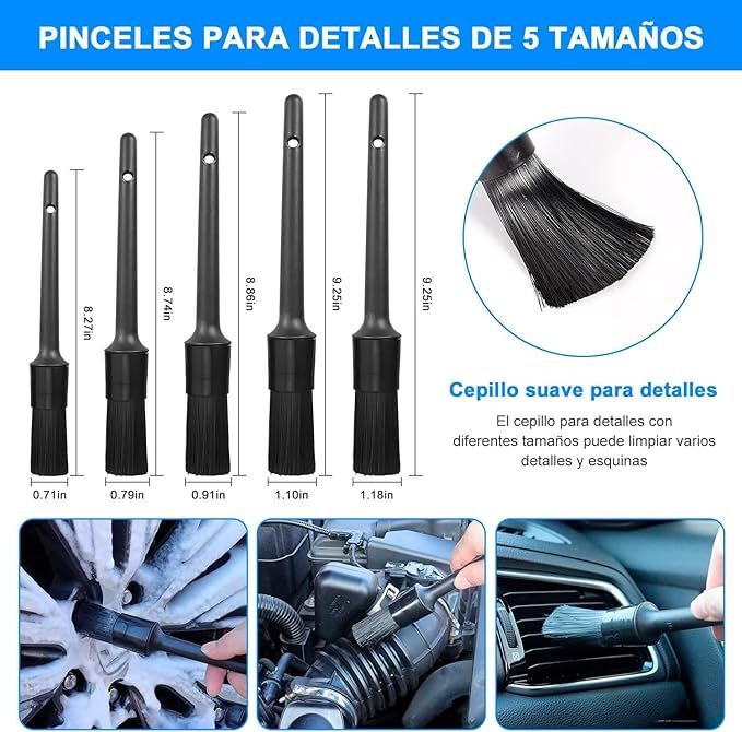 Juego de 22 cepillos para Limpieza Detalles de Coche, Suministros Detallado Automotriz, Kit Limpieza Lavado Auto para Interior, Exterior, Brecha Cuero, Consolas, Brecha