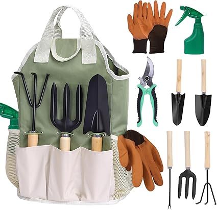 Juego de 10 herramientas de jardinería, herramientas y suministros de jardinería, kit de herramientas de jardín con guantes de bolsa, para interiores y exteriores, regalo para mujeres y hombres
