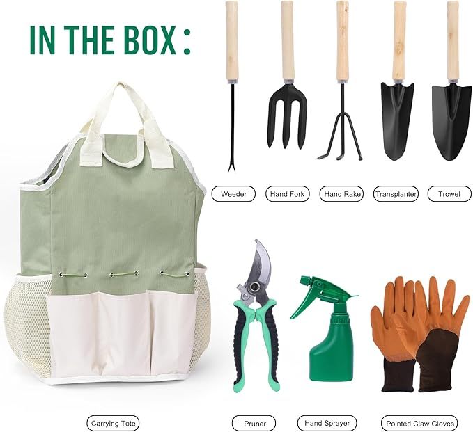Juego de 10 herramientas de jardinería, herramientas y suministros de jardinería, kit de herramientas de jardín con guantes de bolsa, para interiores y exteriores, regalo para mujeres y hombres