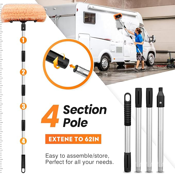 Cepillo para polvo de lavado de coche de 65 pulgadas con poste de extensión, lavado de autos de 12 pulgadas, cepillo para polvo suave de cinco lados, sin arañazos, suministros de cepillo