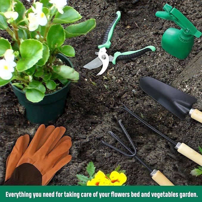 Juego de 10 herramientas de jardinería, herramientas y suministros de jardinería, kit de herramientas de jardín con guantes de bolsa, para interiores y exteriores, regalo para mujeres y hombres