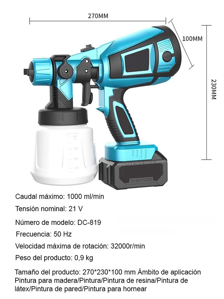 Pistola de pulverización inalámbrica de litio con máquina de pulverización separada.