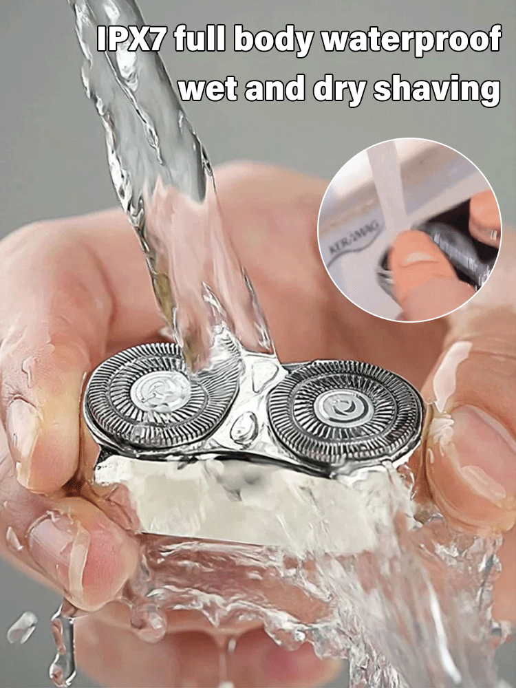 German imported blades 🇩🇪, 5-second quick shave ⏱️, dual-head contour design ✨, portable and washable 💧.