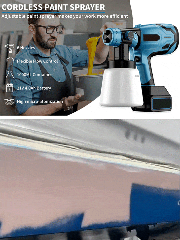 "German-imported lithium battery spray gun, equipped with a 21V battery providing 200 minutes of runtime. Bosch's 98% uniform atomization technology ensures more precise and effective material usage. 🔋🎨✨"