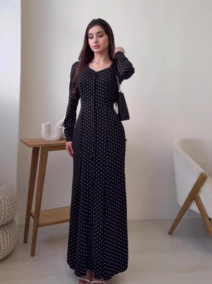 Women's Polka Dot Maxi Dress | Elegant Square Neck Long Sleeve Slim Fit Gown