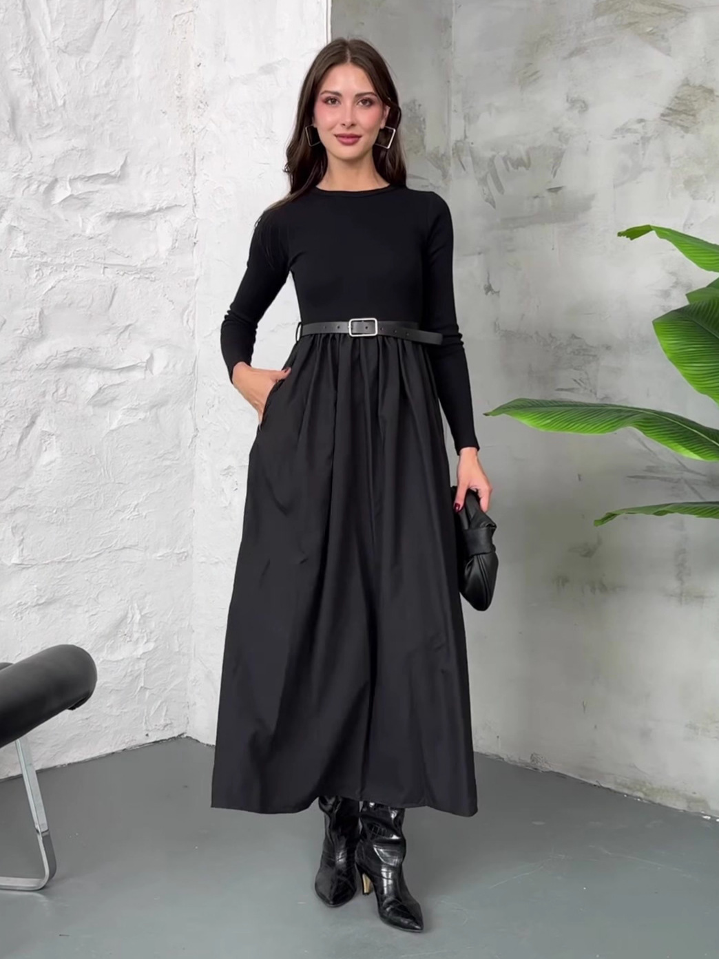 Women's solid color round neck long sleeve elegant high waist swing dress