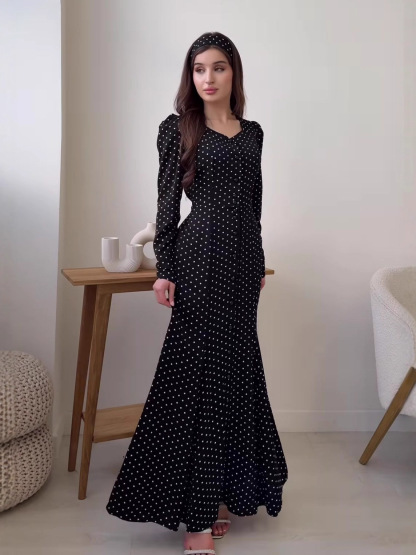 Women's Polka Dot Maxi Dress | Elegant Square Neck Long Sleeve Slim Fit Gown