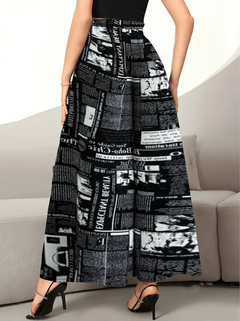 Newspaper Print Palazzo Pants, Casual High Waist Wide Leg Pants, Women's Clothing