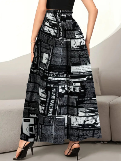 Newspaper Print Palazzo Pants, Casual High Waist Wide Leg Pants, Women's Clothing