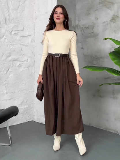 Women's solid color round neck long sleeve elegant high waist swing dress