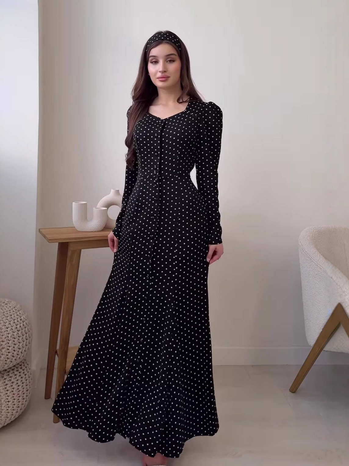 Women's Polka Dot Maxi Dress | Elegant Square Neck Long Sleeve Slim Fit Gown