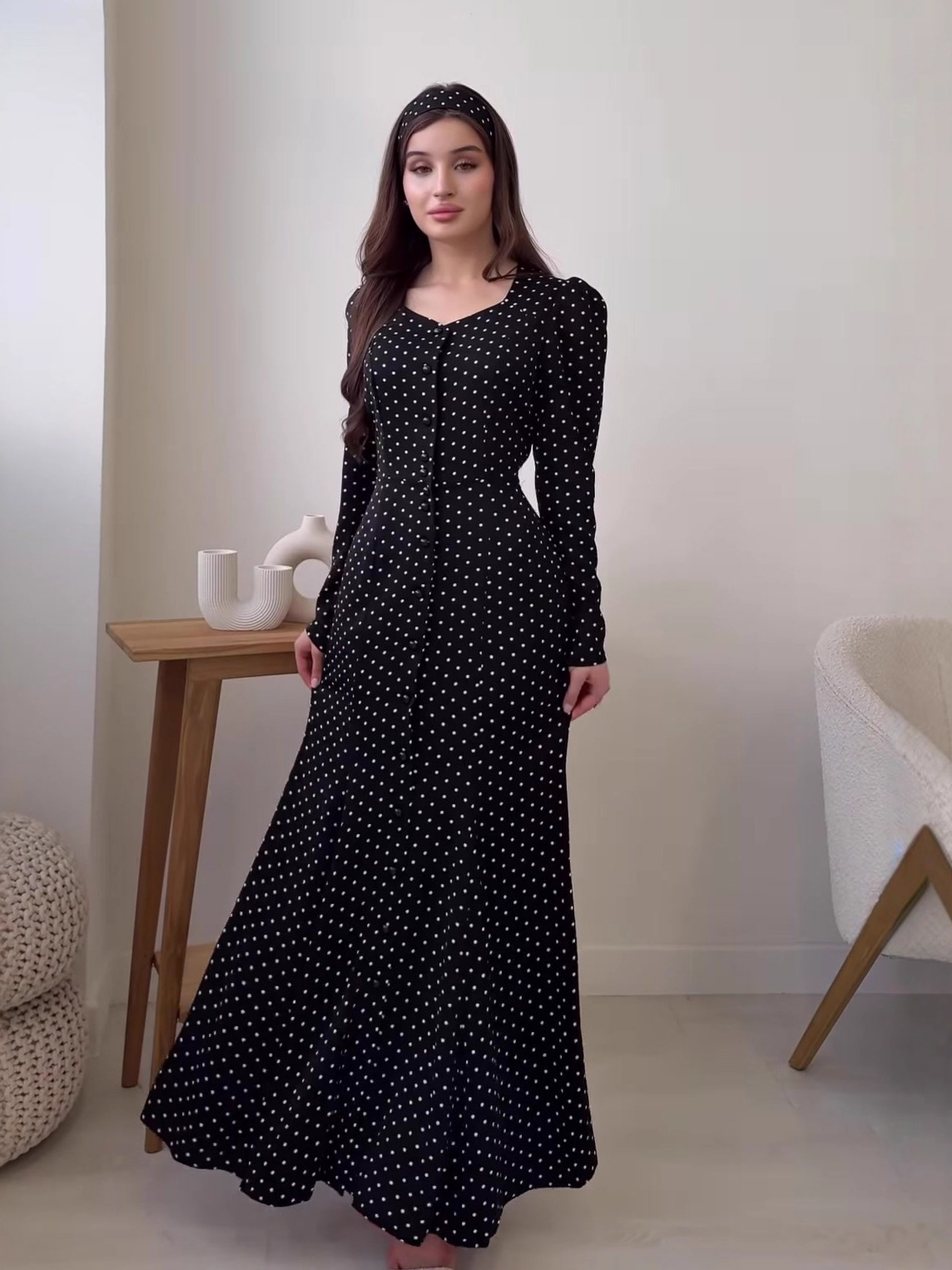 Women's Polka Dot Maxi Dress | Elegant Square Neck Long Sleeve Slim Fit Gown