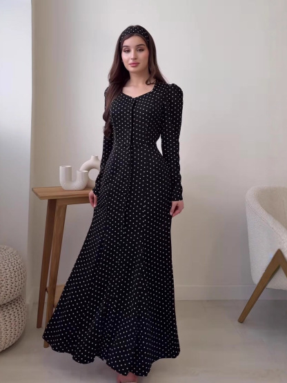 Women's Polka Dot Maxi Dress | Elegant Square Neck Long Sleeve Slim Fit Gown