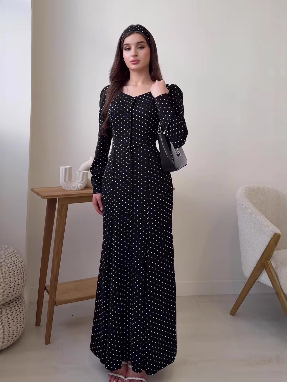 Women's Polka Dot Maxi Dress | Elegant Square Neck Long Sleeve Slim Fit Gown