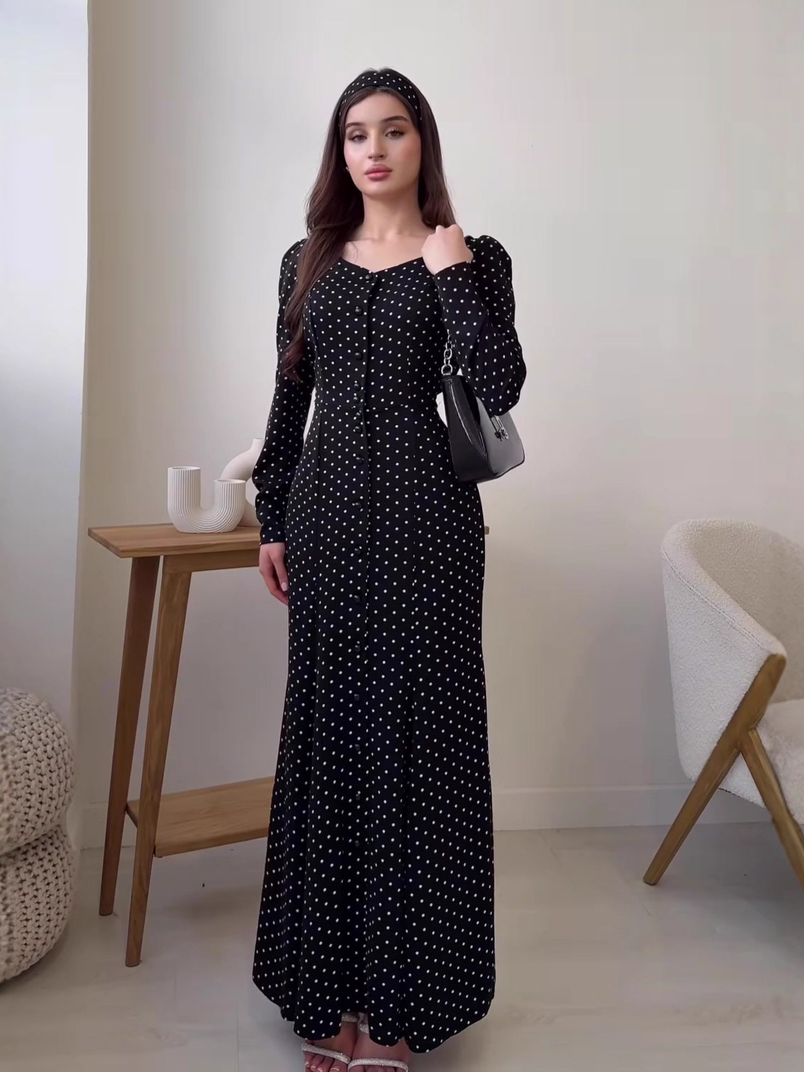 Women's Polka Dot Maxi Dress | Elegant Square Neck Long Sleeve Slim Fit Gown