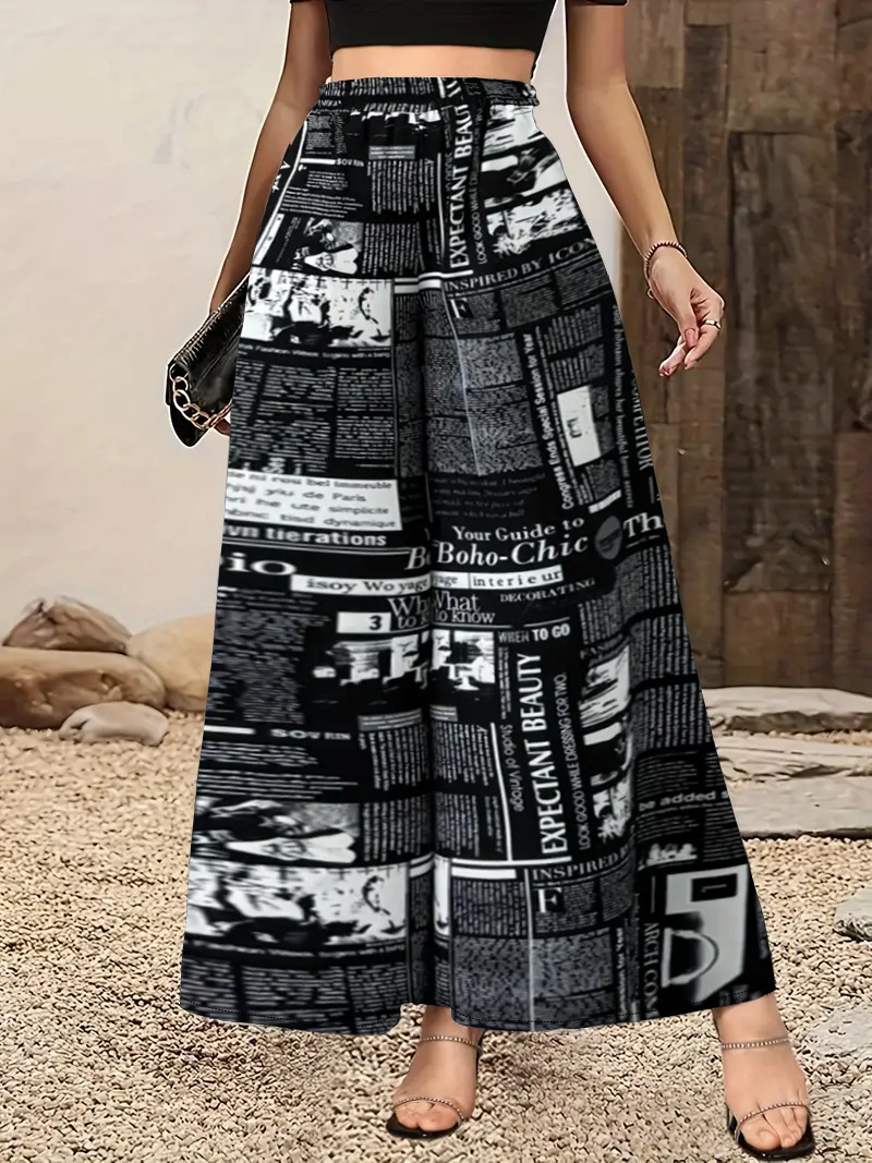Newspaper Print Palazzo Pants, Casual High Waist Wide Leg Pants, Women's Clothing
