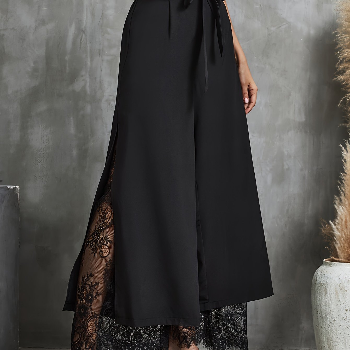 Elegant Wide-Leg Palazzo Pants for Women - Lace Trim, Elastic Waist, Easy Care, Perfect for Spring