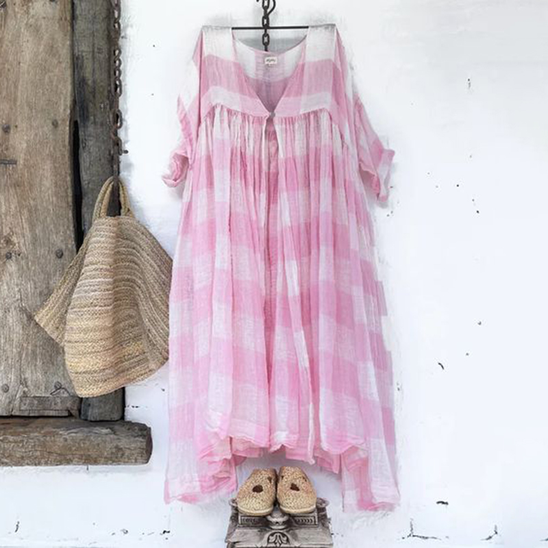 Vintage Plaid Printed Short Sleeve Midi Dress