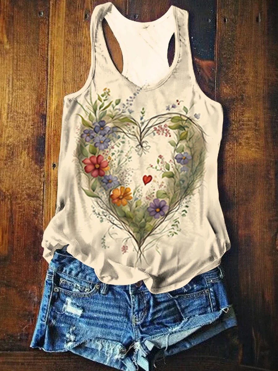 Women's Floral Heart Art V-Neck Casual T-Shirt