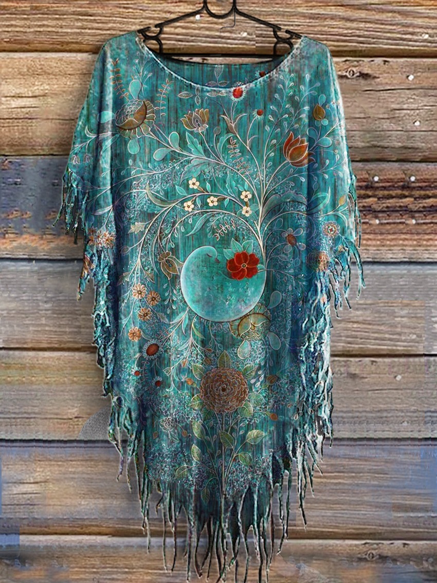 Women's Vintage Floral Art Print V-neck Casual T-Shirt-1