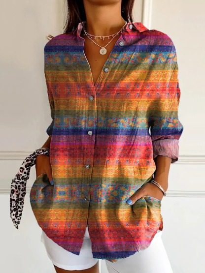 Women's Vintage Floral Bird Art Print Casual Cotton Shirt