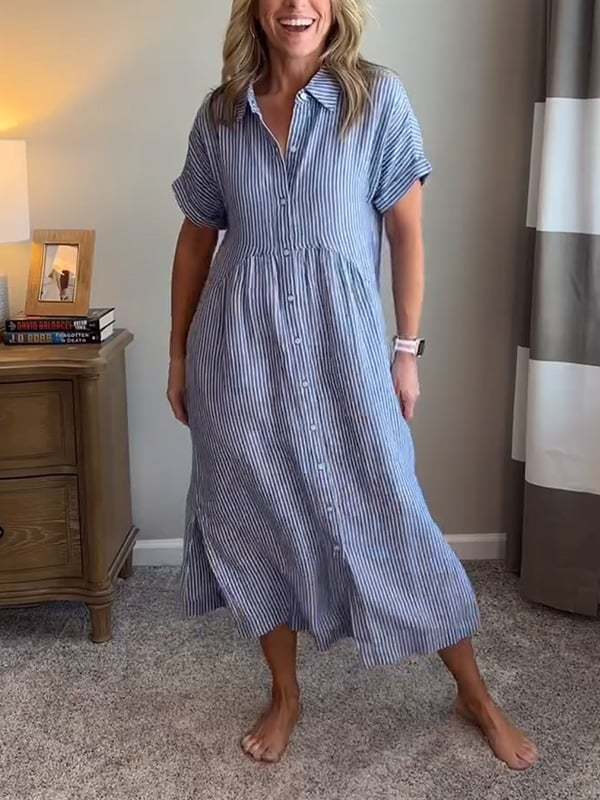 NEW🔥 Striped Lapel Button Down Shirt Dress | With Functional Pockets