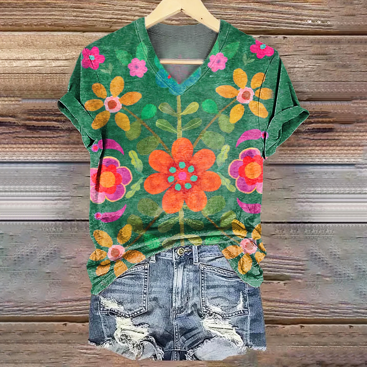 Women's Bohemian Floral Art Print V-neck Casual T-Shirt