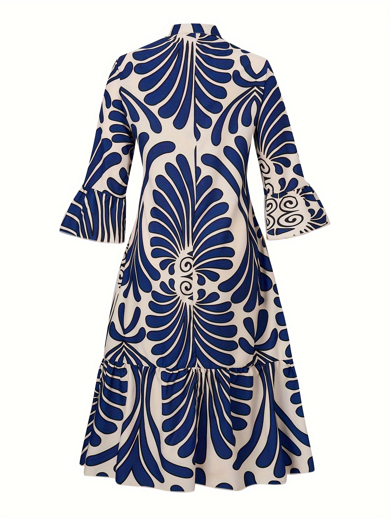 Plus Size Elegant Dress, Women's Plus Allover Print Bell Sleeve Button Up Mock Neck Maxi Smock Dress