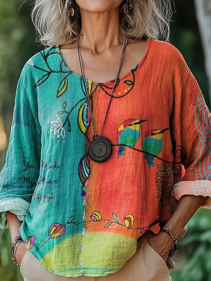 Women's Vintage Floral Bird Art Print Casual Cotton Shirt