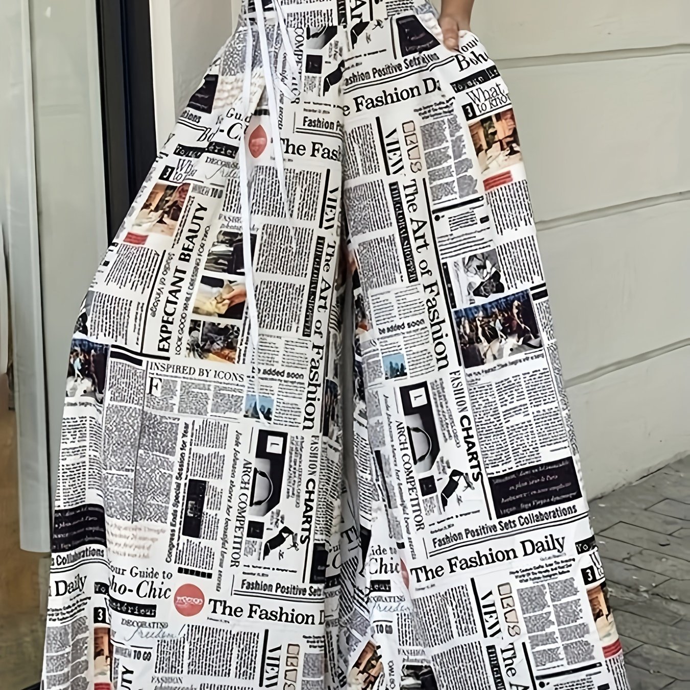 Newspaper Print Palazzo Pants, Casual High Waist Wide Leg Pants, Women